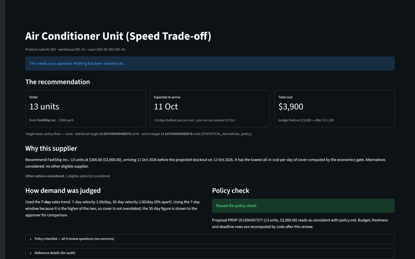 Case waiting for approval: order 13 units from FastShip Inc. for $3,900, nothing ordered yet